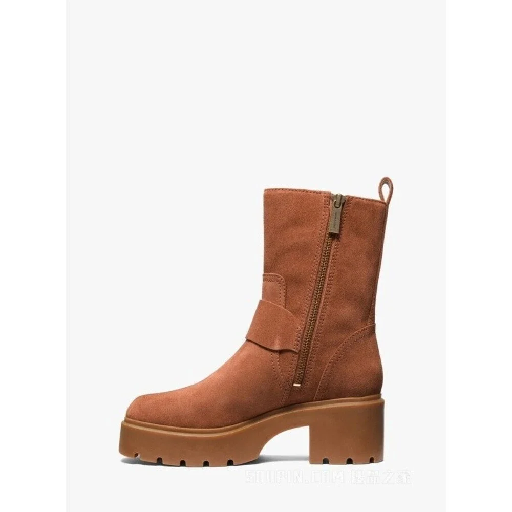 Michael Kors Perry Boot Womens 7.5 Luggage Suede Chunky Lug Sole Bootie JOBB1800